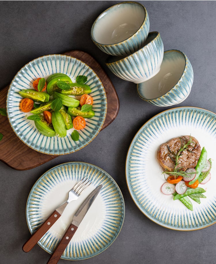 European Style Creative Household Blue Embossed Bowl and Plate Set Cutlery Set