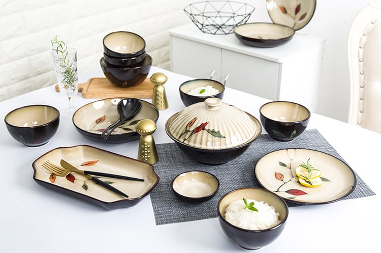 Chinese Household Ceramic Hand Painted Colorful Leaves Underglaze Bowl and Plate Tableware Set Wholesale