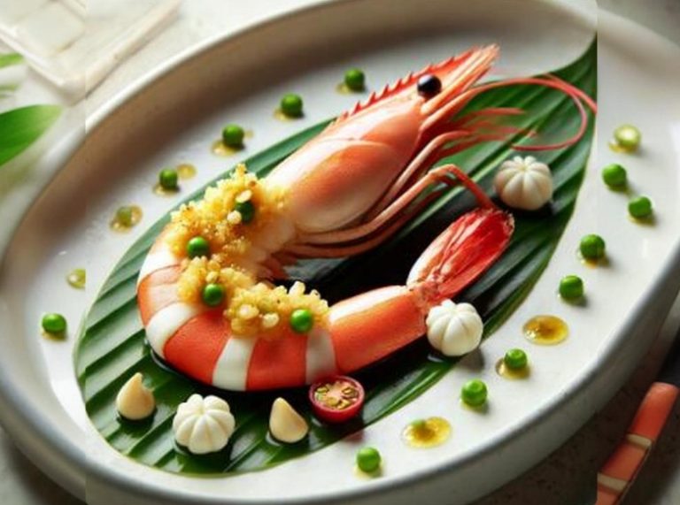 Método de presentación de gambas al horno con huevas de bacalao estilo japonés